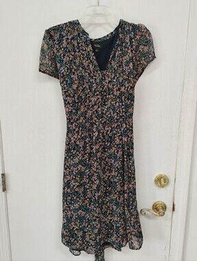 MSK Navy Floral Midi Dress Size 14 Flutter Sleeve